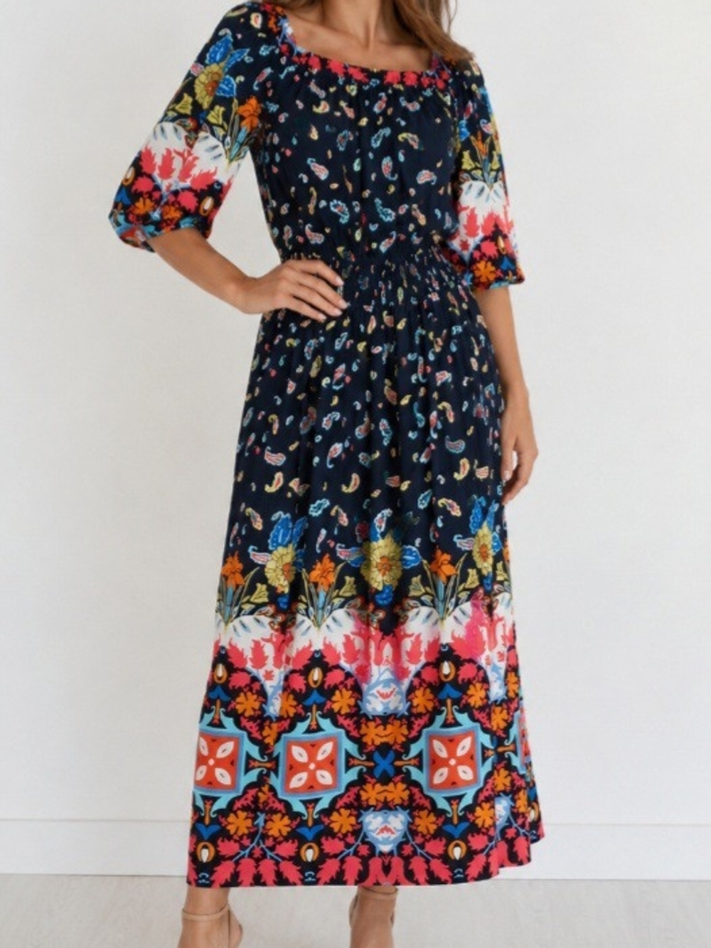 By Anthropologie Kaya Dress Blue Floral Smocked Cottagecore- Size S.